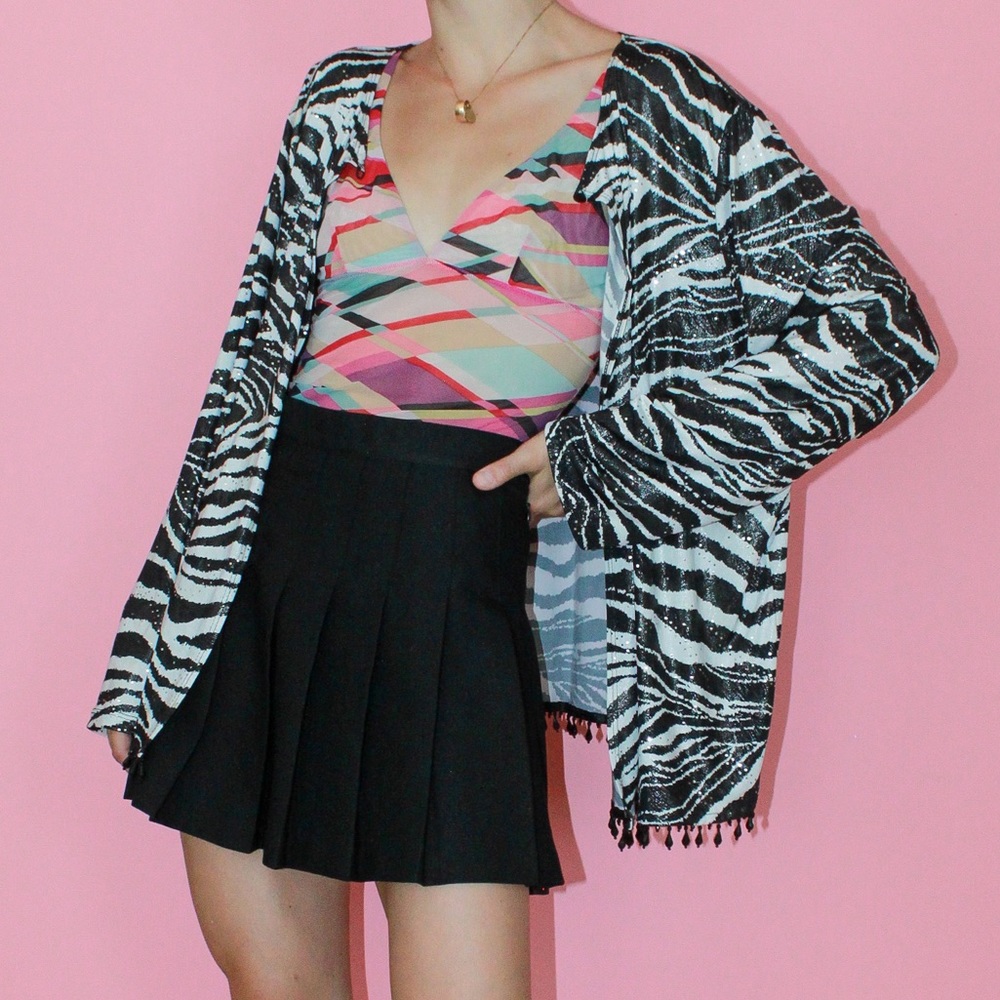 VTG y2k Zebra Print Lamé Beaded Hem Shirt Jacket